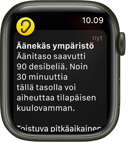 Apple Watch, jossa näkyy Melu-ilmoitus. Ilmoitukseen liittyvän apin kuvake näkyy ylhäällä vasemmalla. Voit avata apin napauttamalla sitä.