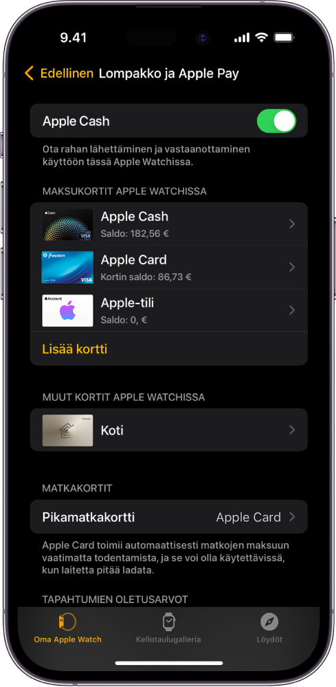 Lompakko ja Apple Pay -näyttö iPhonen Apple Watch ‑apissa. Näytöllä näkyy Apple Watchiin lisättyjä kortteja ja kortti, jonka olet valinnut käytettäväksi Express-korttina.
