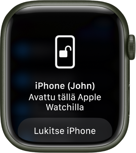 Apple Watchin näyttö, jossa on viesti, jonka mukaan Johnin iPhone on avattu tällä Apple Watchilla. Alla näkyy Lukitse iPhone -painike.