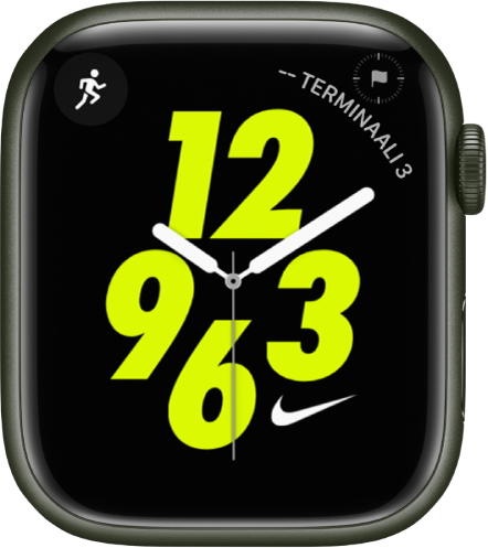 Nike Analoginen -kellotaulu, jossa on Treeni-komplikaatio ylävasemmalla ja Kompassin reittipisteet ‑komplikaatio yläoikealla. Keskellä on analoginen kellotaulu.