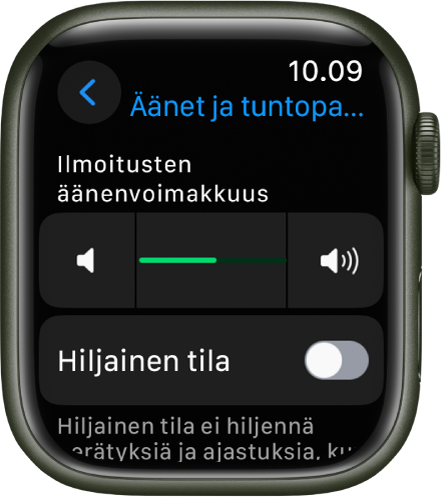 Äänet ja tuntopalaute -asetukset Apple Watchissa: Ilmoitusten äänenvoimakkuus -liukusäädin yllä ja Hiljainen tila -kytkin sen alla.