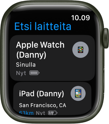 Etsi laitteita -apissa näkyy kaksi laitetta: Apple Watch ja iPad.