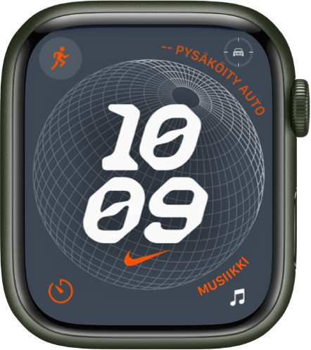 Nike Globe ‑kellotaulu, jossa näkyy digitaalinen kello keskellä ja neljä komplikaatiota: Treeni ylävasemmalla, Pysäköidyn auton reittipiste yläoikealla, Ajastin alavasemmalla ja Musiikki alaoikealla.