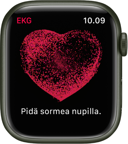 EKG-appi, jossa näkyy kuva sydämestä ja teksti ”Pidä sormea nupilla”.