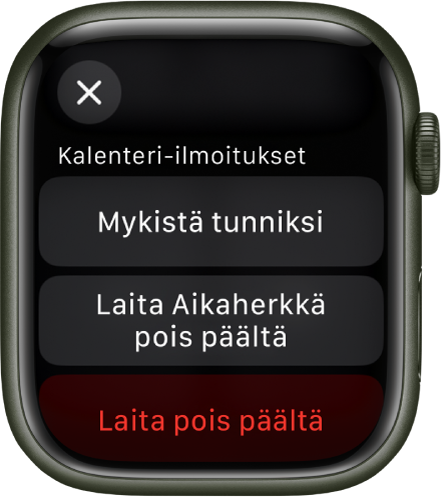 Ilmoitukset-asetukset Apple Watchissa Yläpainikkeessa lukee ”Mykistä tunniksi”. Alla ovat painikkeet Laita Aikaherkkä pois päältä ja Laita pois päältä.