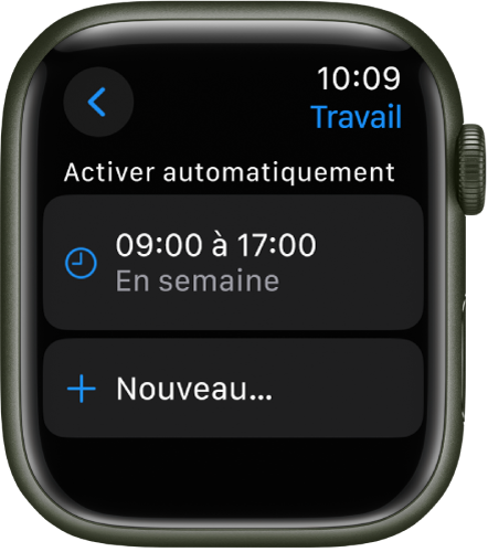 L’écran du mode concentration « Travail » affiche un horaire de 9 h à 17 h en semaine. Le bouton Nouveau s’affiche en dessous.