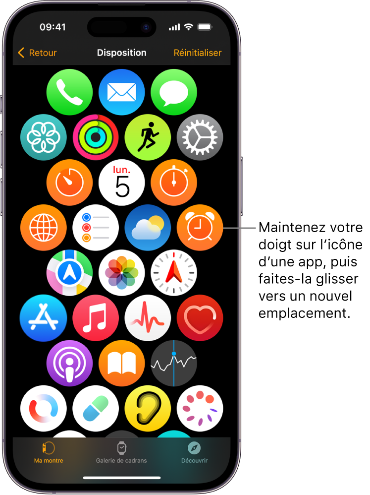 L’écran Disposition de l’Apple Watch qui montre une grille d’icônes.