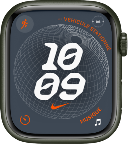Le cadran Globe Nike qui affiche une horloge numérique au centre et quatre complications : Exercice en haut à gauche, Point de cheminement véhicule stationné en haut à droite, Minuteur en bas à gauche et Musique en bas à droite.