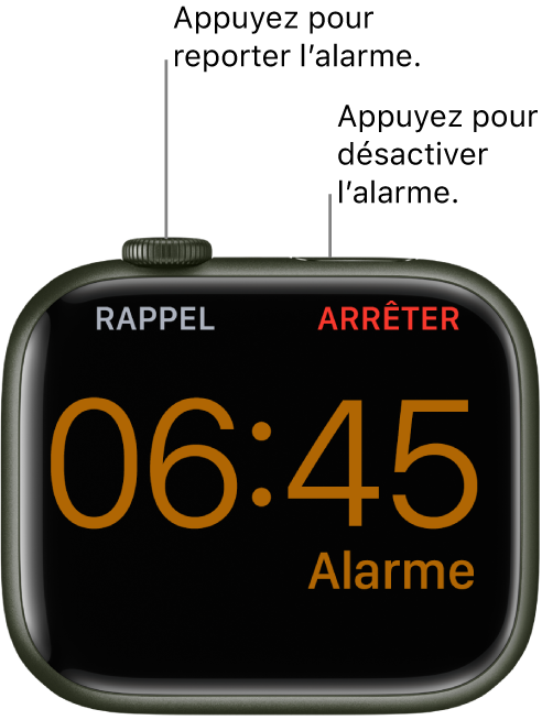 Apple Watch placée sur le côté, dont l’écran affiche une alarme qui sonne. Le mot « Rappel » s’affiche sous la Digital Crown. Le mot « Arrêter » se trouve sous le bouton latéral.