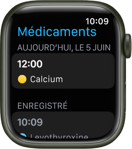 L’app Médicaments qui affiche une liste des médicaments programmés et enregistrés.