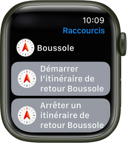 L’app Raccourcis sur l’Apple Watch qui affiche deux raccourcis de Boussole : Démarrer l’itinéraire de retour et Arrêter l’itinéraire de retour.