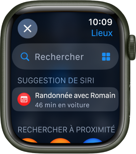 L’écran Rechercher dans l’app Plans, avec le champ Rechercher dans le haut. Une suggestion de Siri s’affiche en dessous. Un en-tête Rechercher à proximité se trouve au bas.