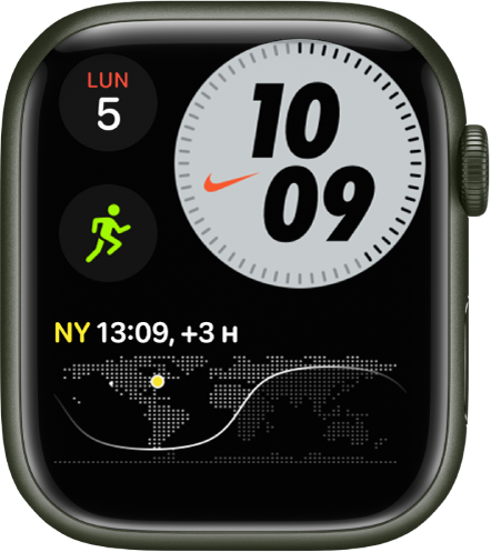 Cadran Nike Compact qui montre le jour et la date en haut à gauche, l’heure en haut à droite, la complication Exercice au milieu à gauche et la complication Horloges.