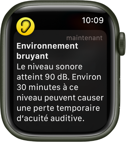L’Apple Watch qui affiche une notification de Bruit. L’icône de l’app associée à la notification s’affiche en haut à gauche. Touchez-la pour ouvrir l’app.