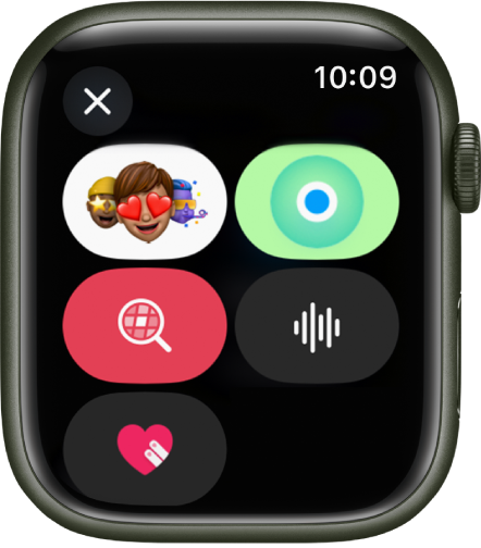 L’app Messages qui affiche des options de messages comme les boutons Memoji, Position, GIF, Audio, Contact numérique et Apple Cash.