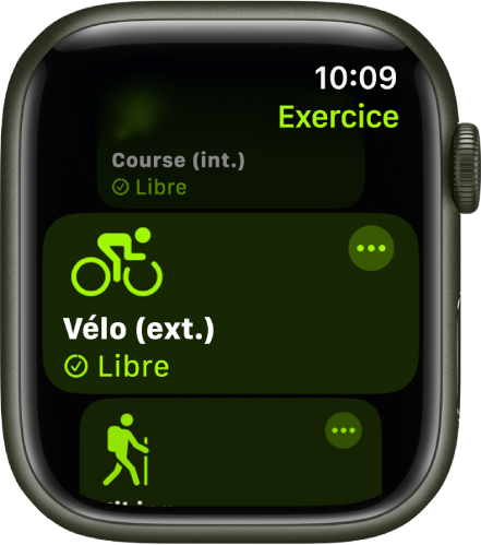 L’écran Exercice avec l’entraînement Vélo (ext.) mis en évidence.
