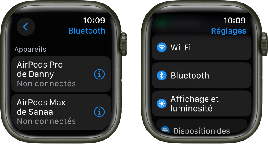 Deux écrans côte à côte. L’écran de gauche liste deux appareils Bluetooth : AirPods Pro et AirPods Max. Aucun des deux n’est connecté. À droite se trouve l’écran Réglages qui affiche les boutons Wi‑Fi, Bluetooth, Affichage et luminosité, et Disposition des apps dans une liste.