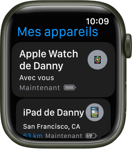 L’app Mes Appareils qui affiche deux appareils : une Apple Watch et un iPad.