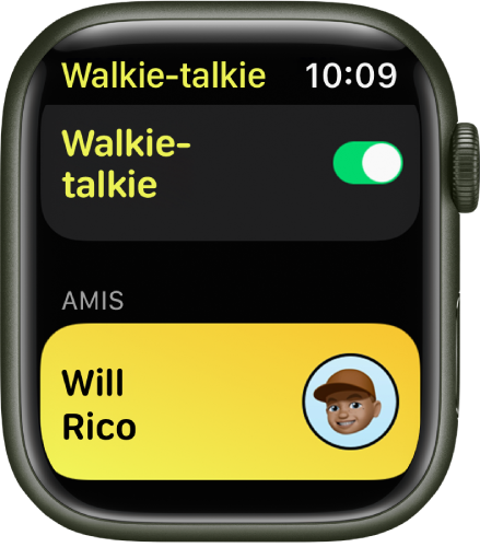 L’écran Walkie-talkie qui affiche le commutateur Walkie-talkie dans le haut avec le nom d’un ami en bas.