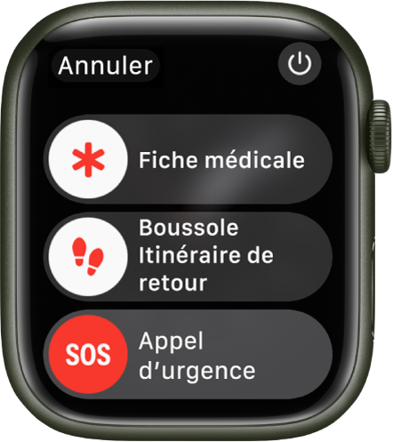 L’Apple Watch qui affiche trois curseurs : Fiche médicale, Itinéraire de retour de la boussole et Appel d’urgence. Le bouton d’alimentation se situe en haut à droite.
