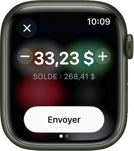 Un écran Messages qui affiche qu’un paiement Apple Cash est en cours de préparation. Un montant en dollars est affiché en haut à gauche. Le solde actuel s’affiche en dessous et le bouton Envoyer en bas.