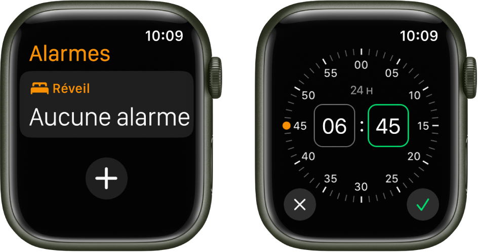 Deux écrans d’Apple Watch qui montrent comment ajouter une alarme : Touchez Ajouter une alarme, touchez AM ou PM le cas échéant, tournez la Digital Crown pour régler l’heure, puis touchez la coche.