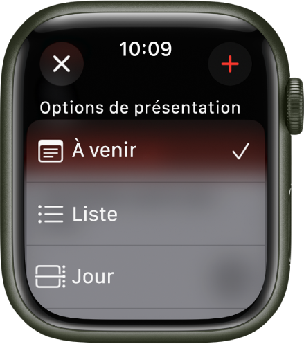 Écran Calendrier qui affiche les options de présentation : À venir, Liste et Jour. Le bouton Ajouter se situe en haut à droite.