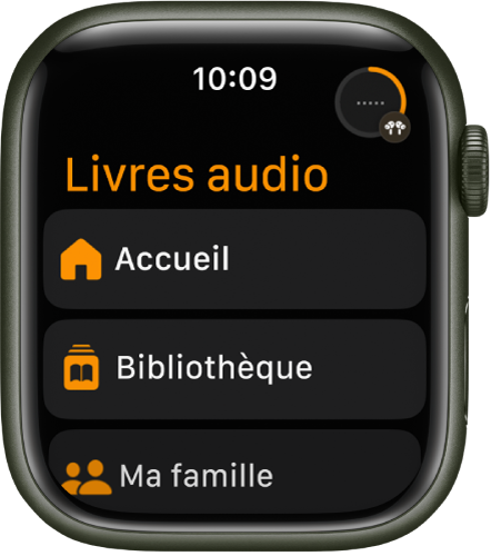 L’app Livres audio qui affiche les boutons Accueil, Bibliothèque et Ma famille.