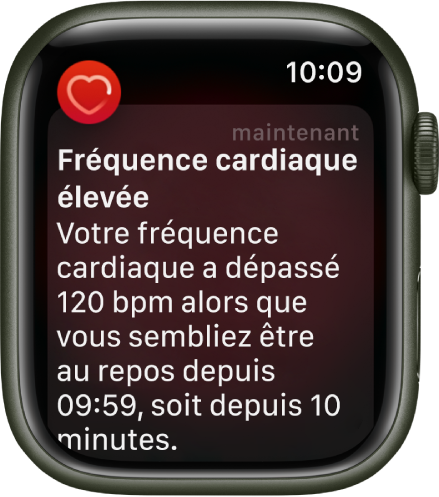 L’écran Alerte de Fréquence cardiaque qui indique la détection d’une fréquence cardiaque élevée.