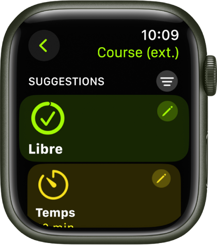 L’app Exercice qui affiche un écran pour modifier un entraînement Course (ext.). La vignette Libre se trouve au centre avec un bouton Modifier en haut à droite. Une partie de la vignette Temps est visible en dessous.
