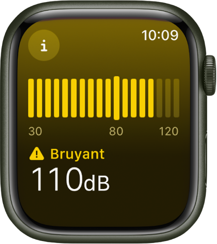 L’app Bruit qui affiche un niveau sonore de 110 décibels avec le mot « Bruyant » au-dessus. Un sonomètre se trouve au milieu de l’écran.