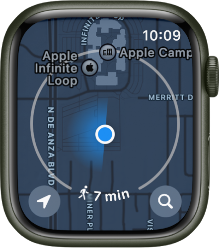 L’app Plans avec un cercle autour de la position actuelle, qui représente un rayon à pied de sept minutes. Il y a un bouton Position en bas à gauche et un bouton Rechercher en bas à droite.