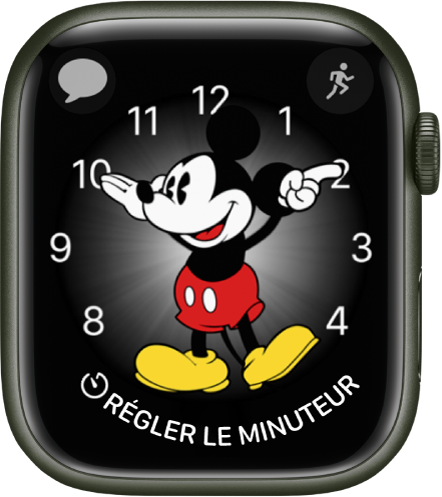 Cadran Mickey Mouse auquel vous pouvez ajouter de nombreuses complications. Il comporte trois complications : Messages en haut à gauche, Exercice en haut à droite et Minuteur en bas.