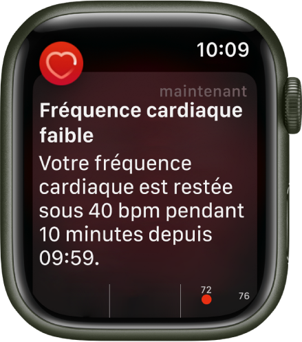 L’écran Fréquence cardiaque basse affiche une notification indiquant que votre fréquence cardiaque est descendue en dessous de 40 battements par minute pendant 10 minutes.