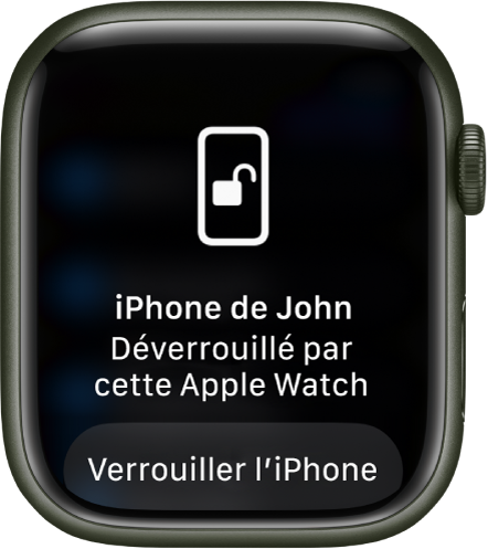L’écran de l’Apple Watch affiche les mots « iPhone de Gilles déverrouillé par cette Apple Watch ». Le bouton Verrouiller l’iPhone se trouve ci-dessous.