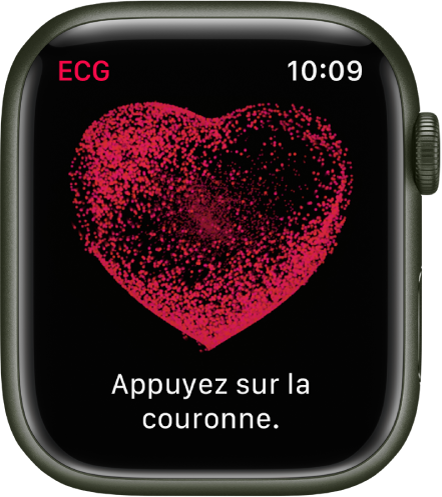 L’app ECG qui affiche l’image d’un cœur avec les mots « Appuyez sur la couronne ».