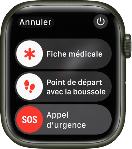 L’écran de l’Apple Watch affiche trois curseurs : « Fiche médicale », « Point de départ avec Boussole » et « Appel d’urgence ». Le bouton Alimentation se trouve en haut à droite.