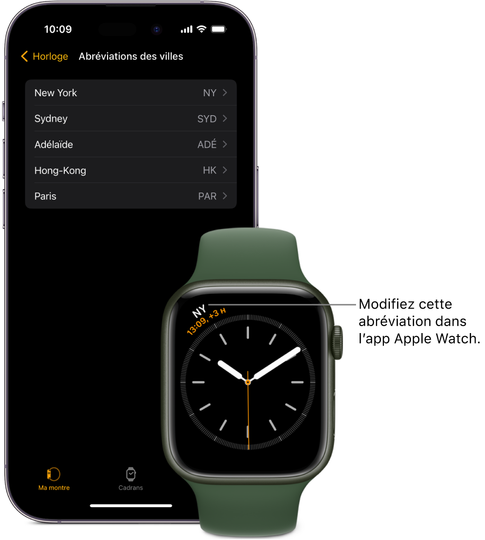 Un iPhone et une Apple Watch, côte à côte. L’écran de l’Apple Watch affiche l’heure à New York en utilisant l’abréviation NYC (New York City). L’écran de l’iPhone affiche la liste des villes dans les réglages Horloge de l’app Apple Watch.