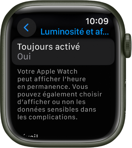 Écran « Luminosité et affichage » affichant le bouton « Toujours activé ».