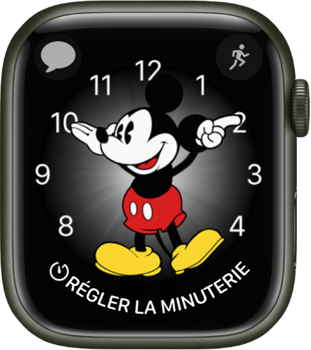 Cadran Mickey Mouse, auquel vous pouvez ajouter de nombreuses complications. Il affiche trois complications : Messages en haut à gauche, Exercice en haut à droite et Minuteur en bas.