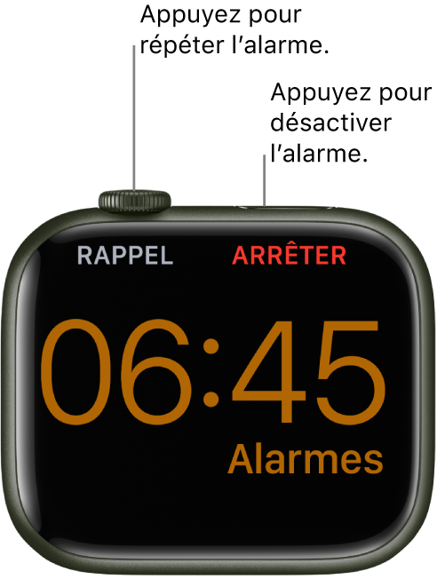 Apple Watch placée sur sa tranche. L’écran affiche une alarme qui a sonné. Le mot Rappel apparaît sous la Digital Crown. Le mot Arrêter apparaît sous le bouton latéral.