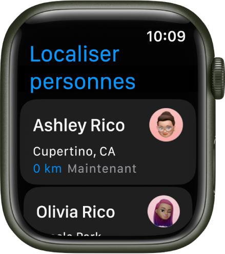 L’app Localiser personnes présentant deux amis et leurs positions approximatives.