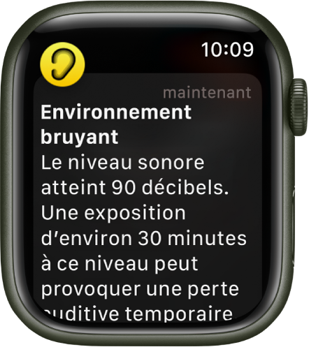 L’Apple Watch affichant une notification de Bruit. L’icône de l’app associée à la notification s’affiche en haut à gauche. Touchez-la pour ouvrir l’app.