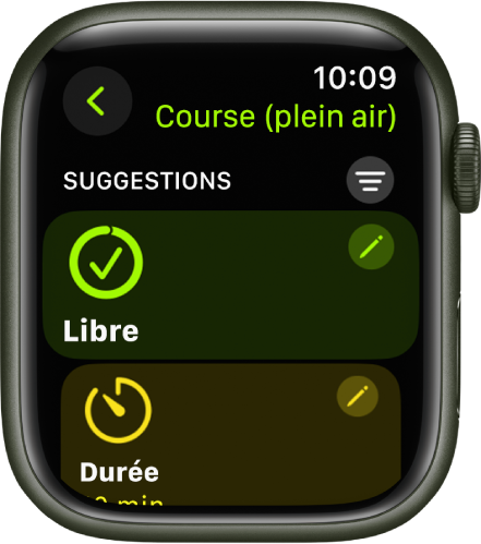 L’app Exercice affichant un écran pour la modification d’un exercice Course (plein air). La vignette Libre se trouve au centre, avec un bouton Modifier en haut à droite. Une partie de la vignette Durée se trouve en dessous.