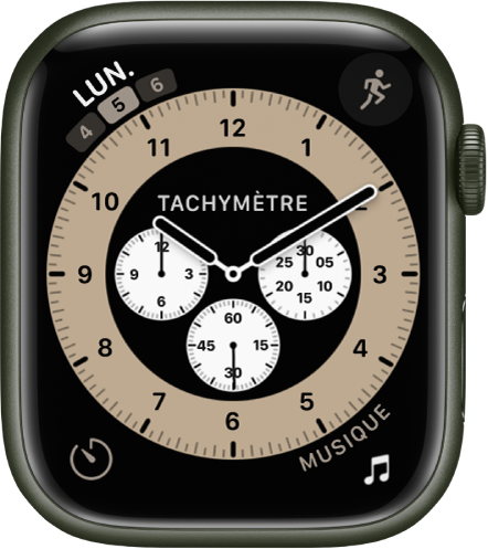 Cadran Chronographe, sur lequel vous pouvez ajuster la couleur et les détails du cadran. Il affiche quatre complications : Calendrier en haut à gauche, Exercice en haut à droite, Minuteurs en bas à gauche et Musique en bas à droite.