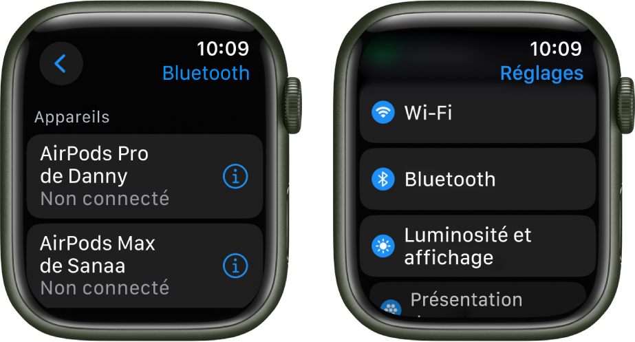 Deux écrans côte à côte. Sur la gauche se trouve un écran qui indique deux appareils Bluetooth disponibles : Des AirPods Pro et des AirPods Max, et aucun n’est connecté. Sur la droite se trouve un écran Réglages, affichant les boutons Wi-Fi, Bluetooth, « Luminosité et affichage » et « Présentation des apps » dans une liste.