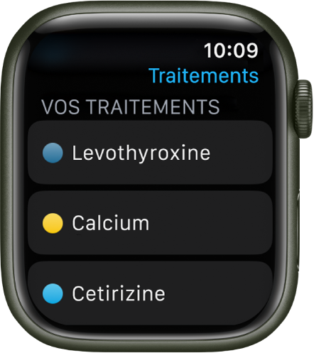 L’app Traitements montrant une liste de tous les traitements.