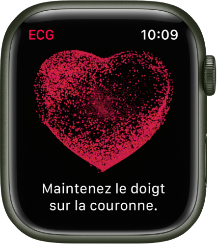 L’app ECG montrant l’image d’un cœur accompagné de la phrase suivante : « Maintenez le doigt sur la couronne ».