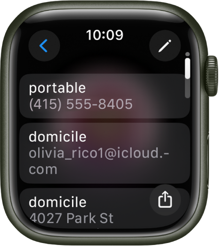 L’app Contacts affichant les coordonnées d’un contact. Le bouton Modifier apparaît en haut à droite. Trois champs apparaissent au milieu de l’écran : numéro de téléphone, adresse e-mail et adresse du domicile. Un bouton Partager se trouve en bas à droite et un bouton Retour est en haut à gauche.