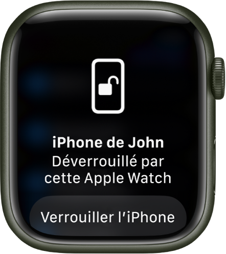 L’écran de l’Apple Watch affichant les mots « iPhone de Gilles déverrouillé par cette Apple Watch ». Le bouton « Verrouiller l’iPhone » apparaît en dessous.